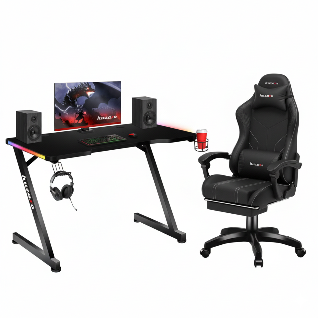 Gaming Desk & Chair Bundle Offer - Huzaro Hero 2.5 RGB LED Gaming Desk & Huzaro Force 3.7 Carbon Black Ergonomic Gaming Chair